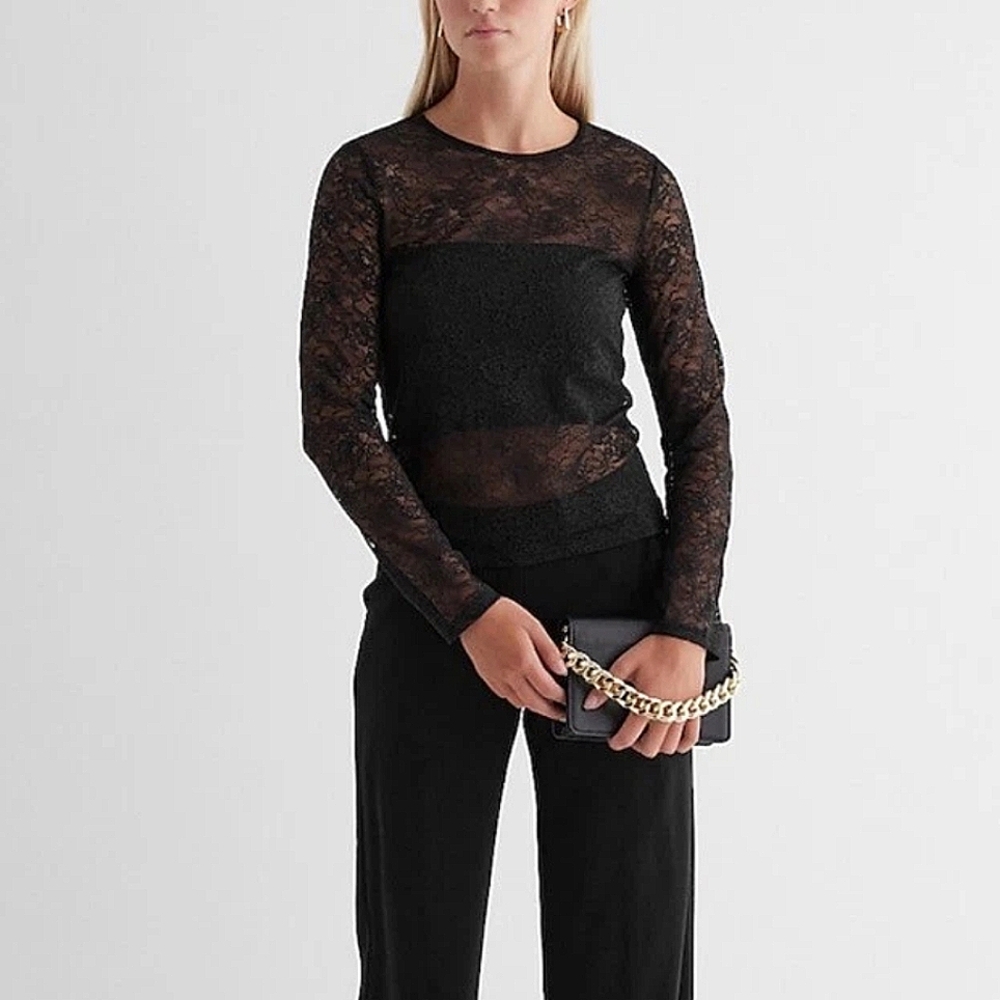 EXPRESS Fitted Lace Crew Neck Long Sleeve Tee - NWT - Small